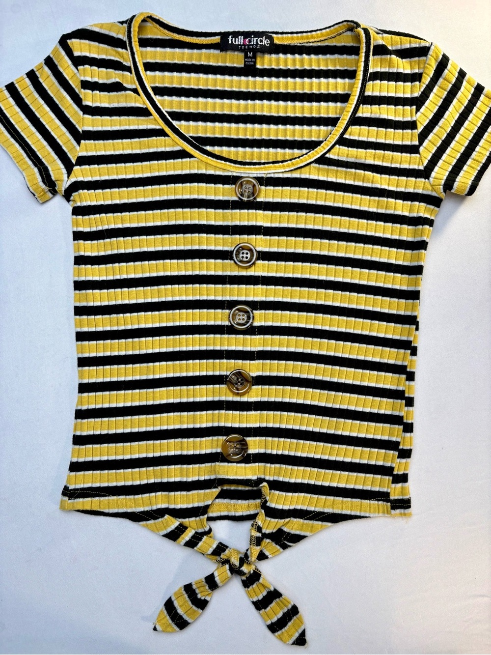 Full Circle Yellow Black Striped Tie-Front Ribbed Top